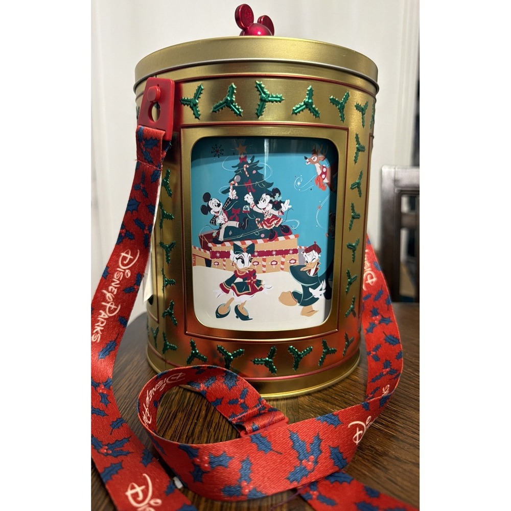 Disney Parks Mickey Holidays 2023 Rotating Music Box Gold Popcorn Bucket NEW